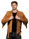 Men’s tan suede fringe biker jacket with asymmetrical zipper, front view