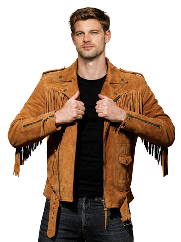 Men’s tan suede fringe biker jacket with asymmetrical zipper, front view