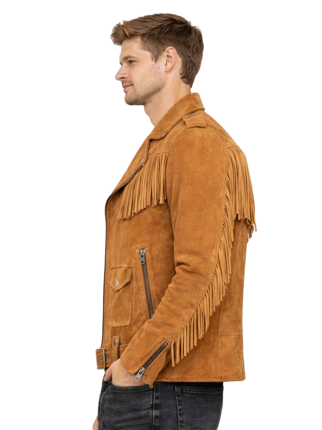 Men’s tan suede fringe biker jacket with asymmetrical zipper, front view