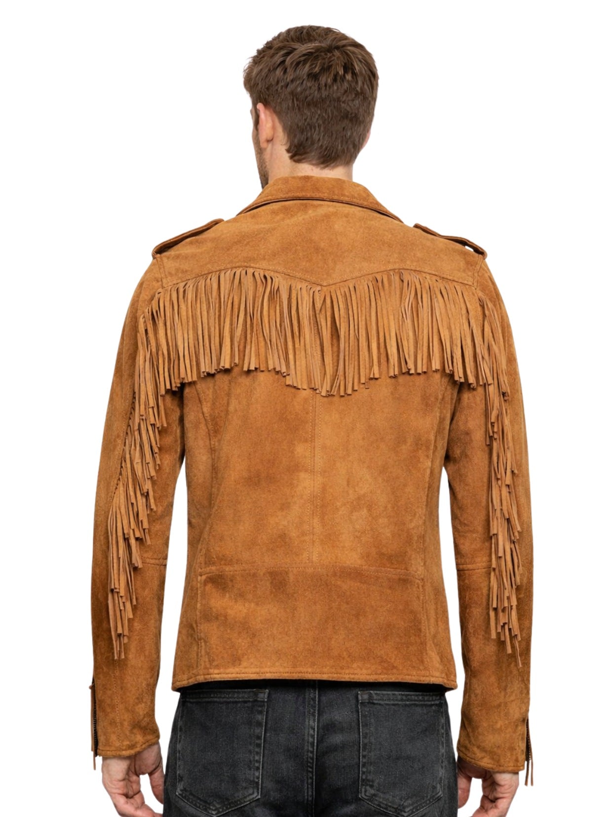mens tan suede fringe jacket western back view