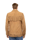 Back view of men’s tan suede jacket with yoke, sleeve and hem fringe