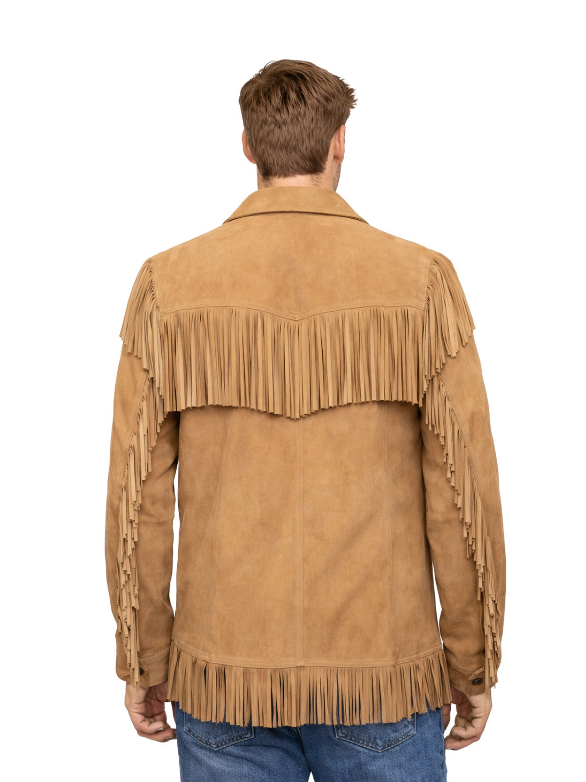 Back view of men’s tan suede jacket with yoke, sleeve and hem fringe