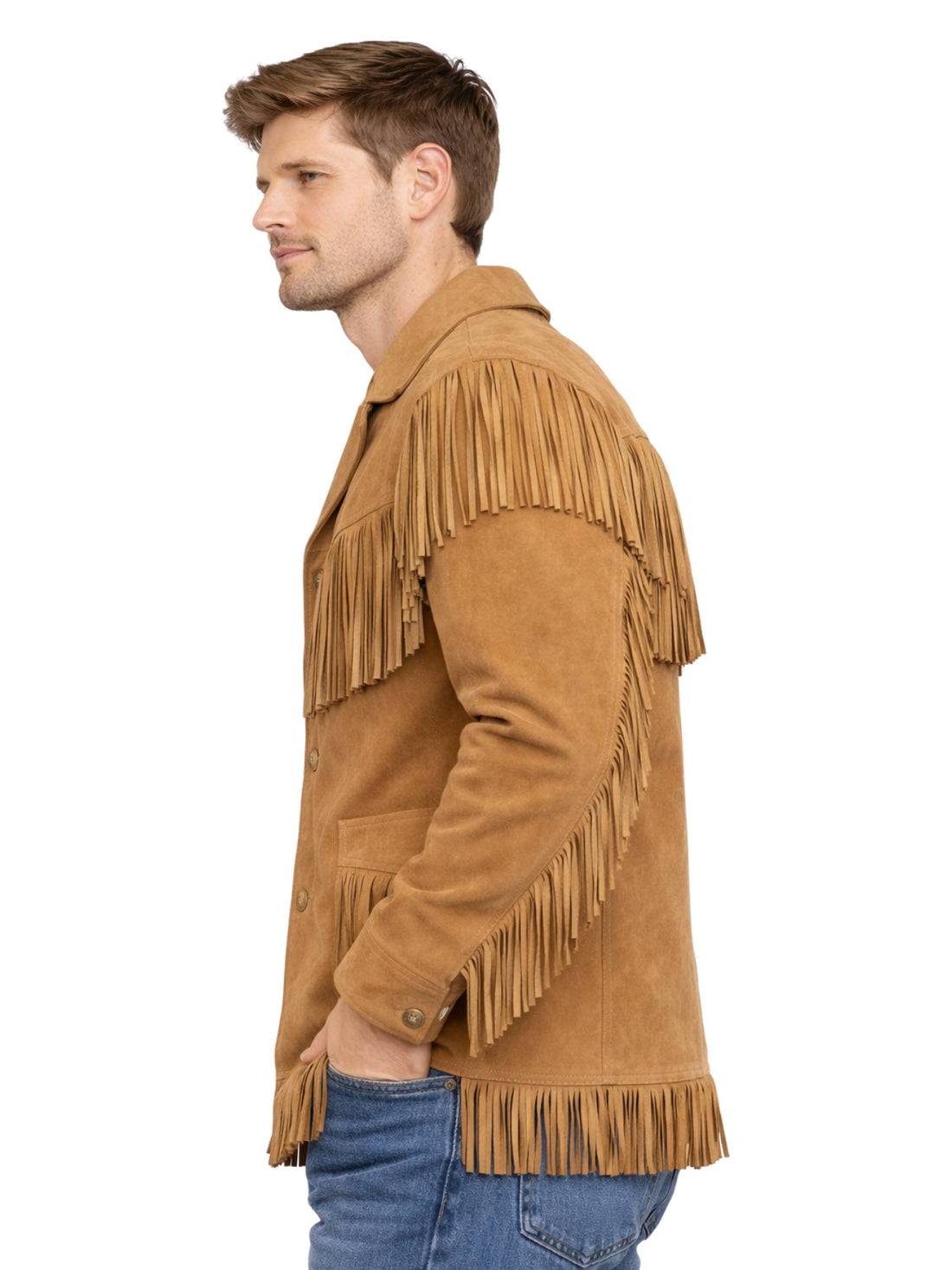 Men’s tan suede full-fringe Western jacket with button front, front view