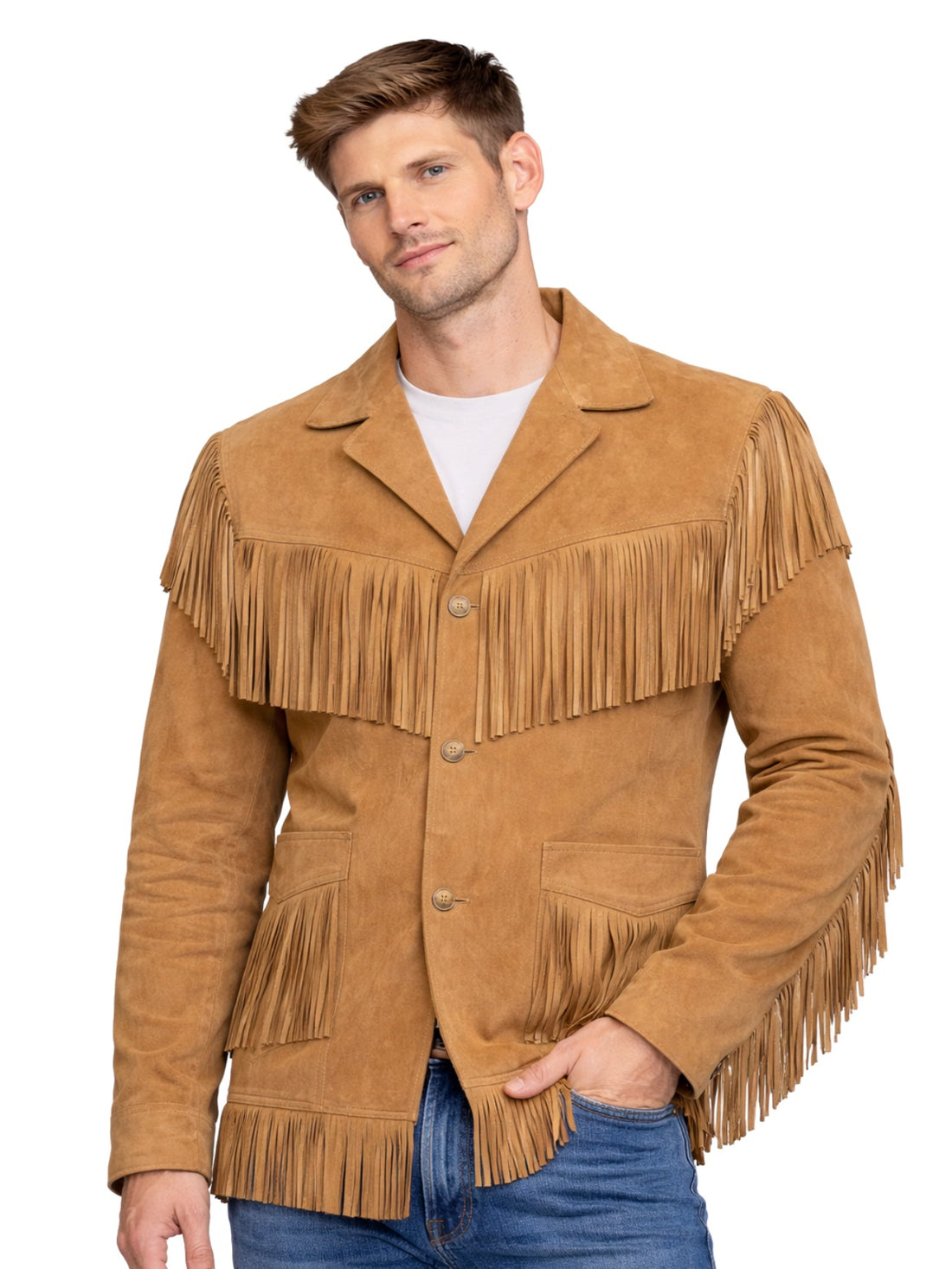 Men’s tan suede full-fringe Western jacket with button front, front view