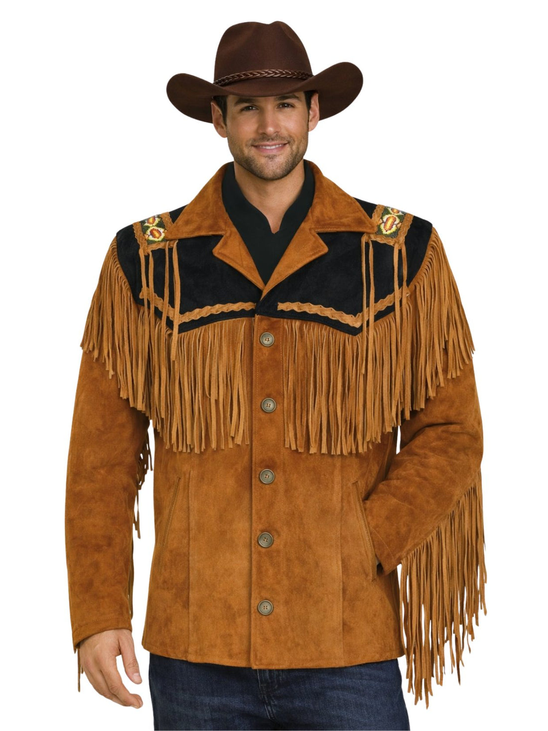 Man wearing a brown fringed western jacket and cowboy hat on a white background