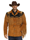 Man wearing a brown fringed western jacket and cowboy hat on a white background