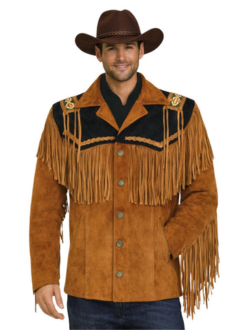 Man wearing a brown fringed western jacket and cowboy hat on a white background