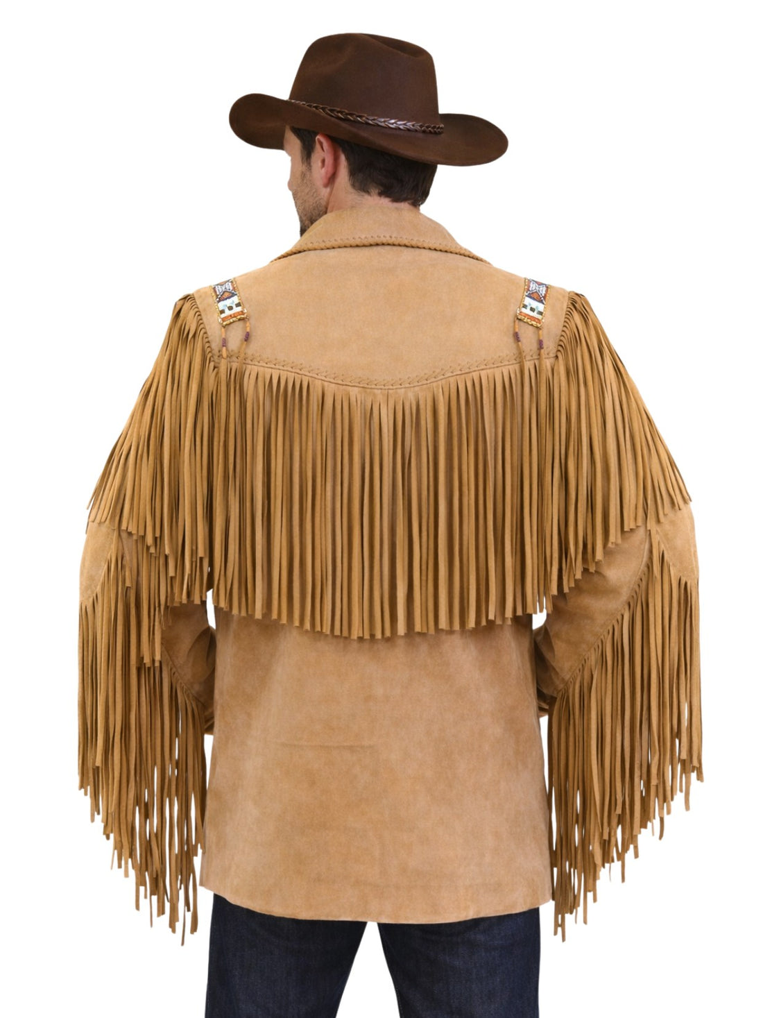 Man wearing a tan suede Western fringe jacket with long fringe and bone-style detailing