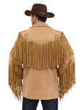 Back view of a tan suede Western fringe jacket with long suede fringe