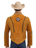 Back view of men's tan suede Western fringe jacket with shoulder fringe