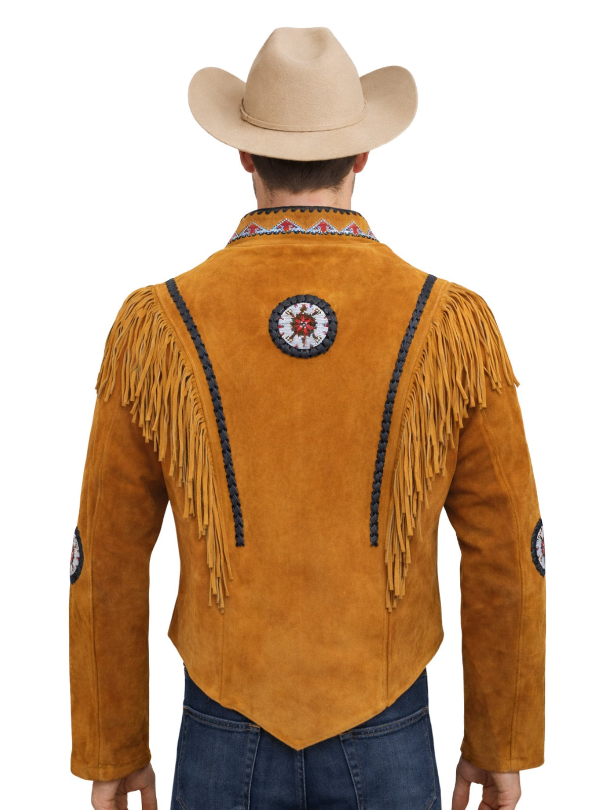 Back view of men's tan suede Western fringe jacket with shoulder fringe