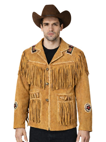 mens tan suede western fringe jacket beaded front