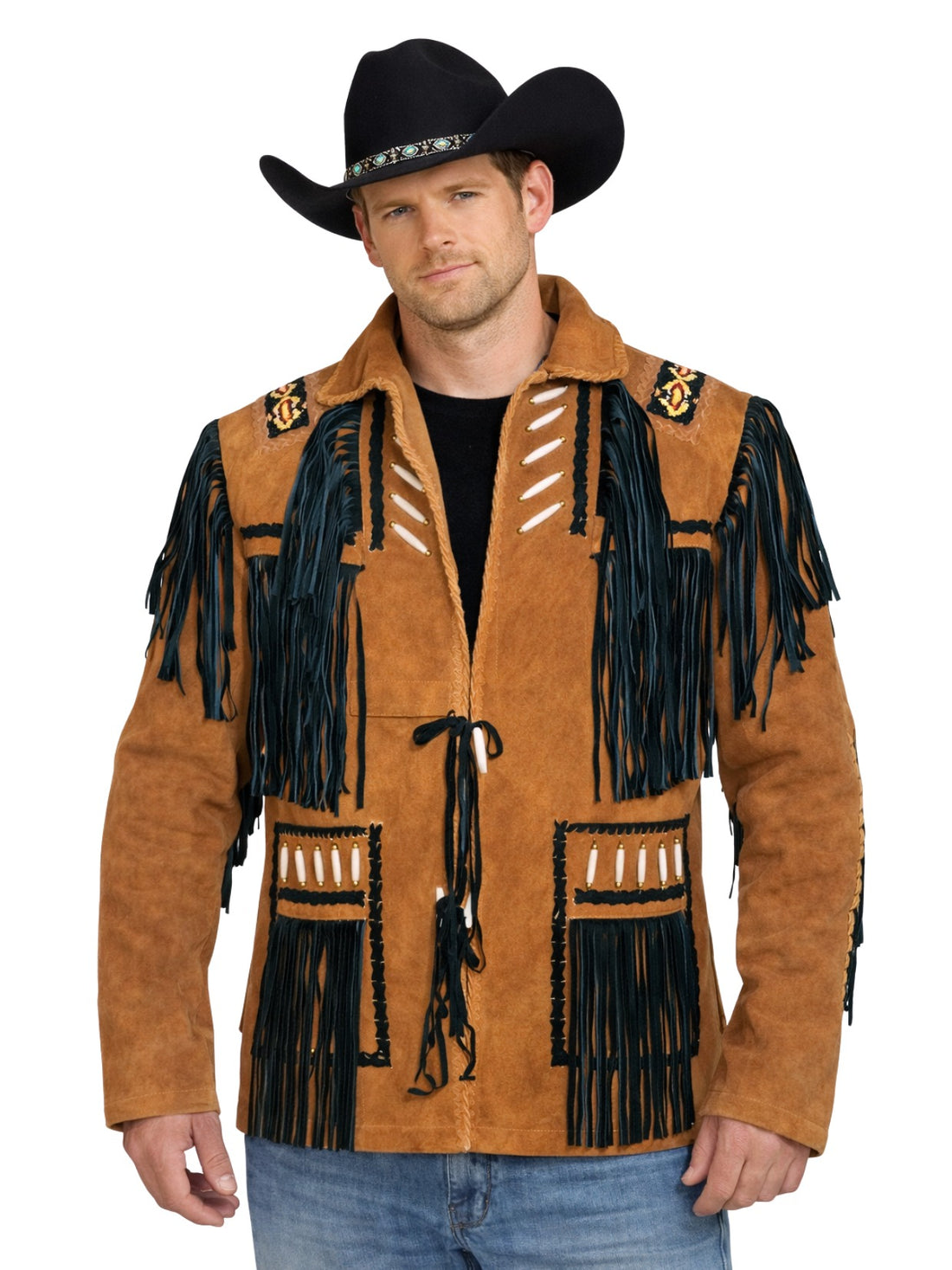 mens tan suede western fringe jacket bone detail