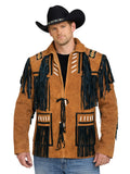 mens tan suede western fringe jacket bone detail