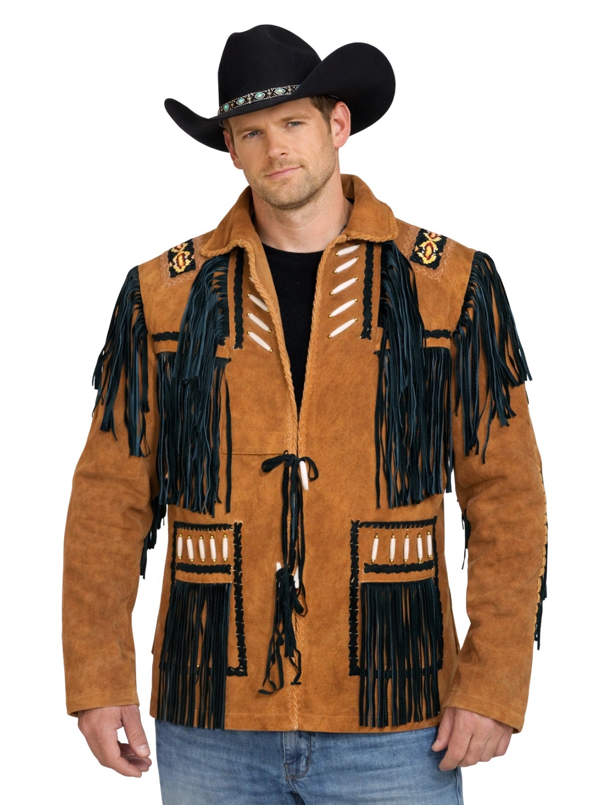 mens tan suede western fringe jacket bone detail