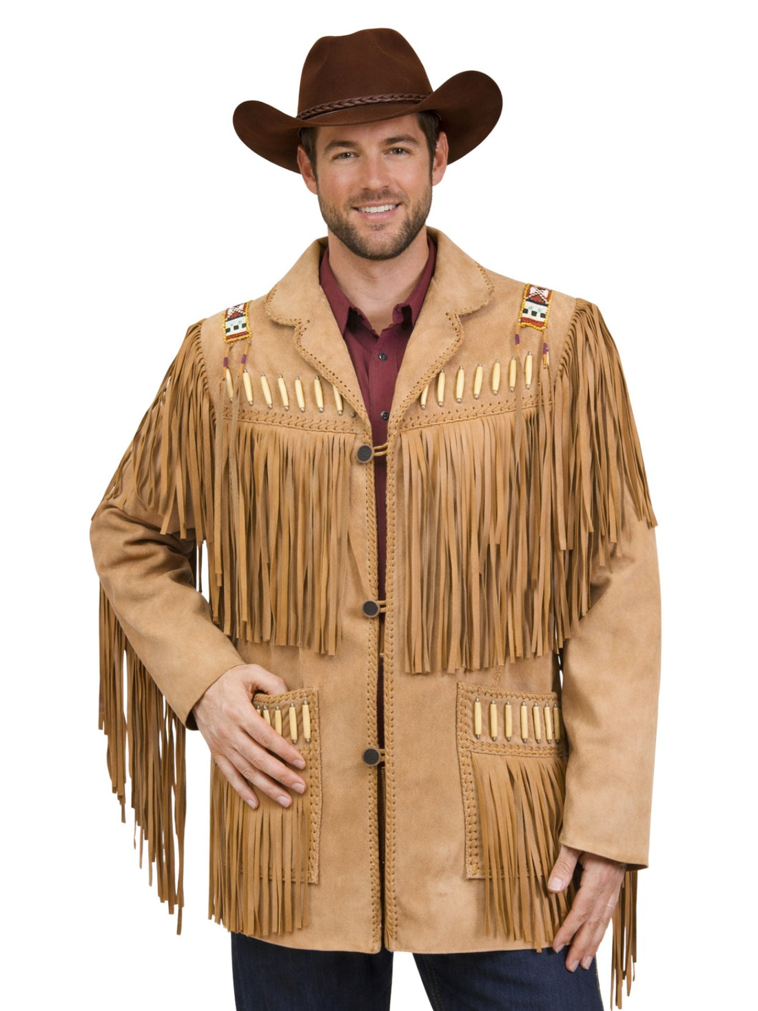 Man wearing a tan suede Western fringe jacket with long fringe and bone-style detailing