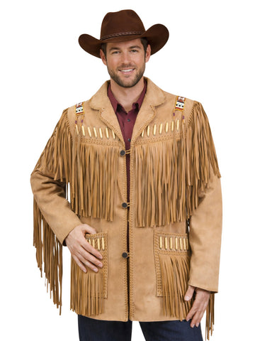 Man wearing a tan suede Western fringe jacket with long fringe and bone-style detailing