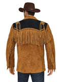 Man wearing a brown suede leather jacket with fringes and a cowboy hat on a white background