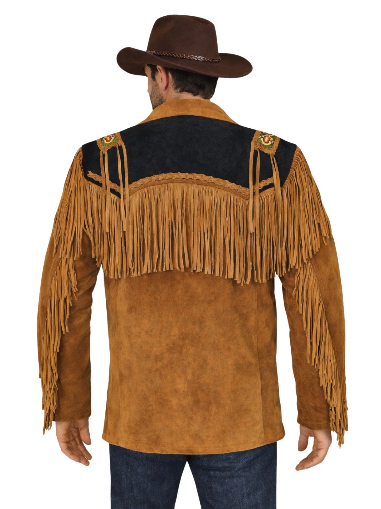 Man wearing a brown suede leather jacket with fringes and a cowboy hat on a white background