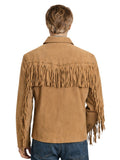 Back view of men’s tan suede jacket with yoke and sleeve fringe