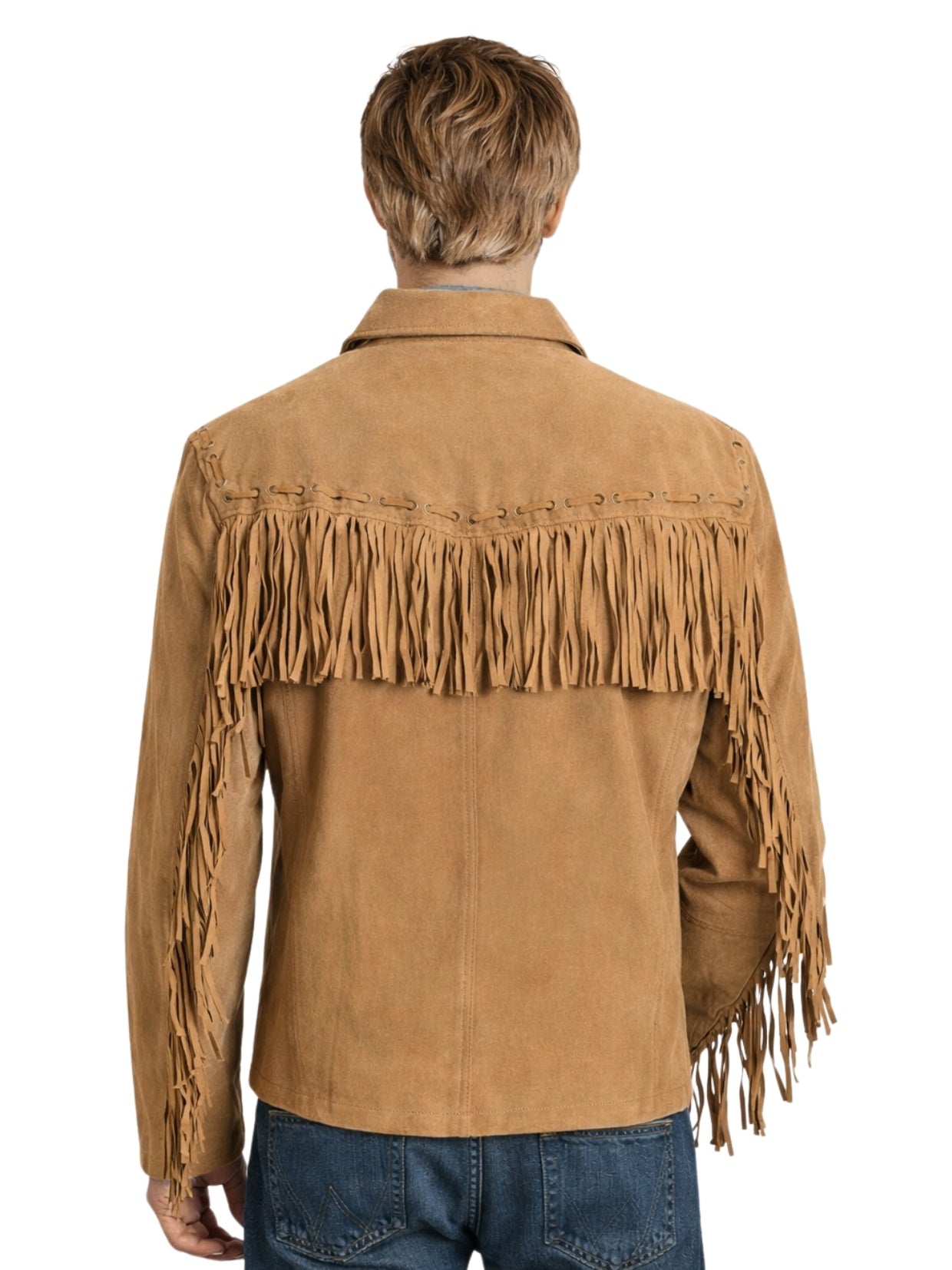 Back view of men’s tan suede jacket with yoke and sleeve fringe