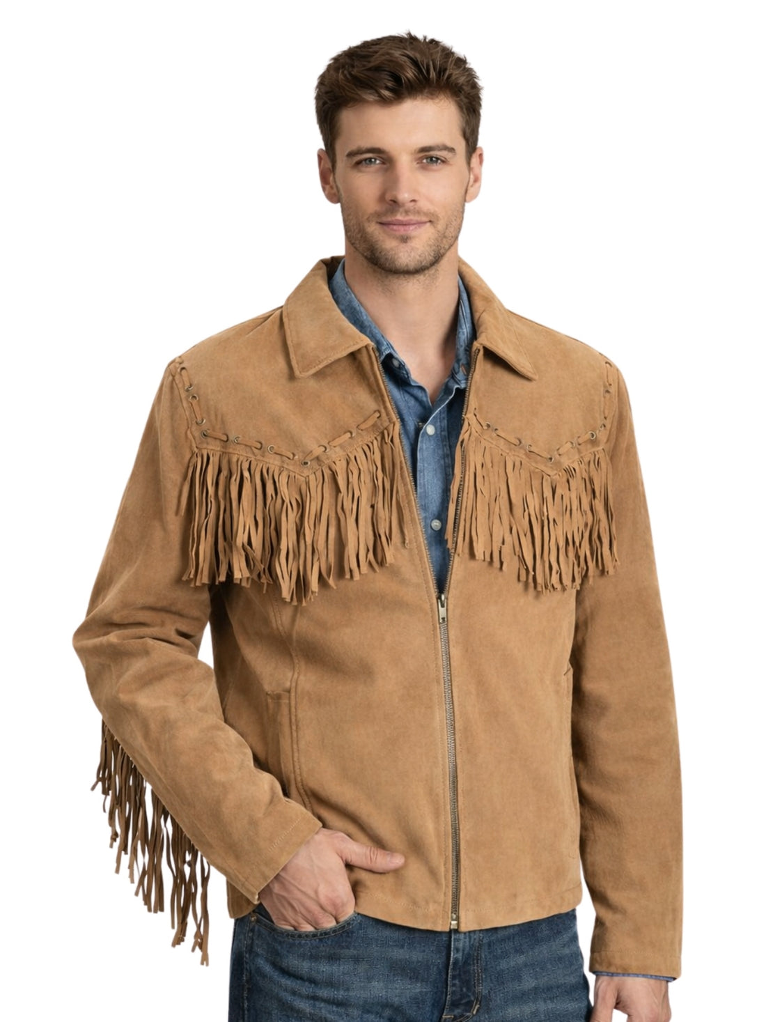 Men’s tan suede zip-front Western fringe jacket, front view