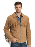 Men’s tan suede zip-front Western fringe jacket, front view