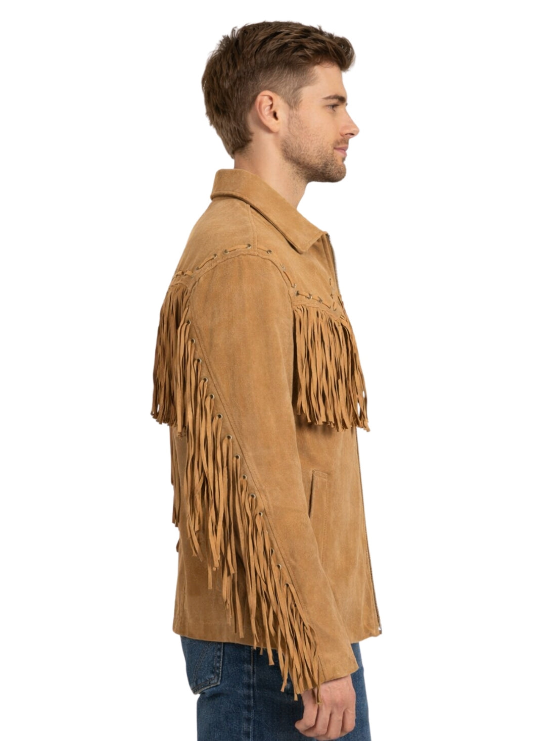 Men’s tan suede zip-front Western fringe jacket, front view