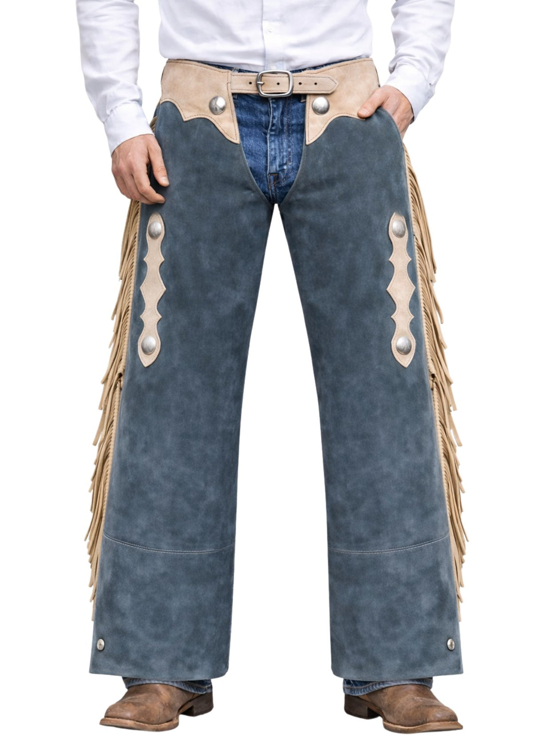Blue leather chaps with fringe and buttons on a white background