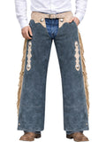 Blue leather chaps with fringe and buttons on a white background