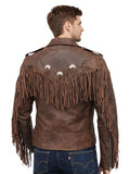 mens vintage brown fringe leather jacket back style