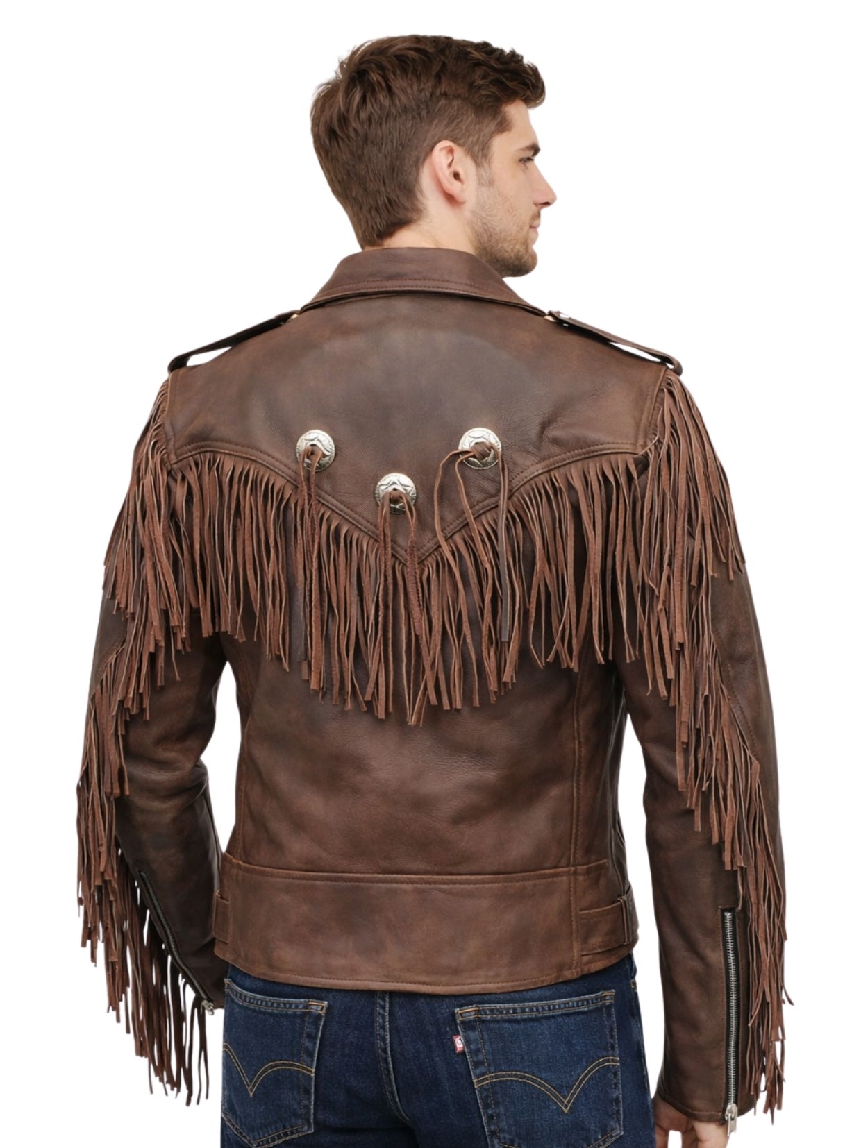 mens vintage brown fringe leather jacket back style