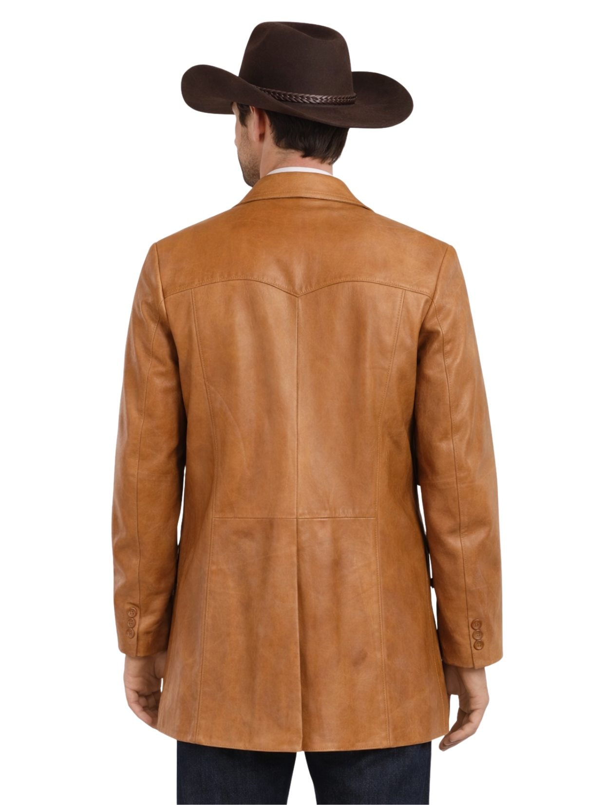 Man wearing a brown leather coat and cowboy hat on a white background