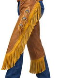 Brown leather chaps with yellow fringe and blue jeans on a white background