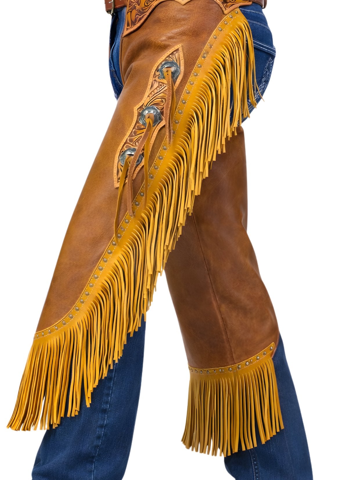 Brown leather chaps with yellow fringe and blue jeans on a white background
