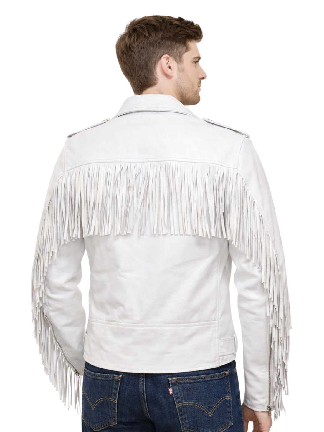 Men’s white leather fringe biker jacket with asymmetrical zipper, front view