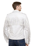 Back view of men’s white biker jacket with shoulder and sleeve fringe