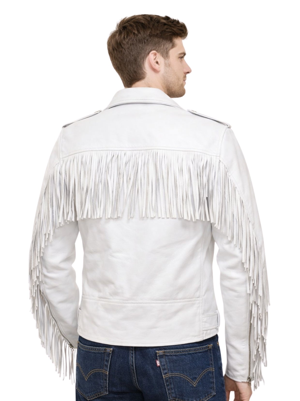 Back view of men’s white biker jacket with shoulder and sleeve fringe