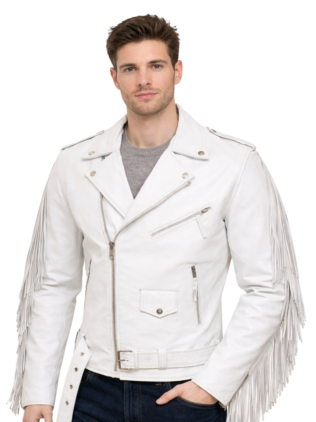 mens white leather fringe biker jacket front