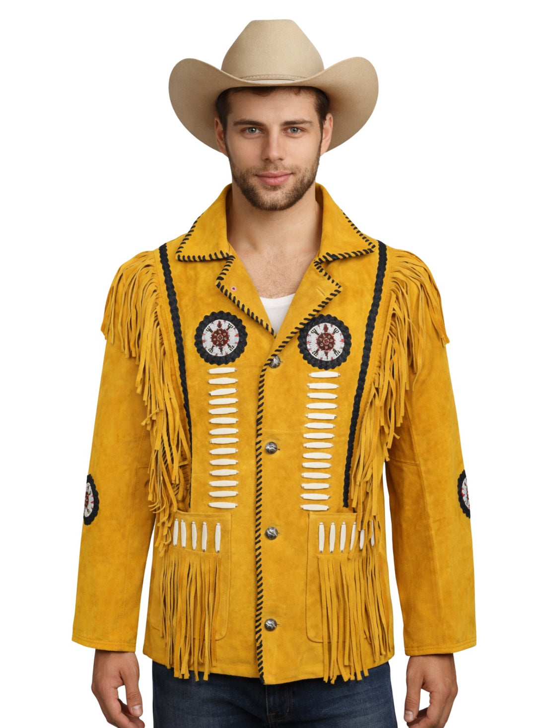 mens yellow western fringe jacket bone bead