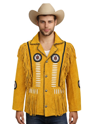 mens yellow western fringe jacket bone bead