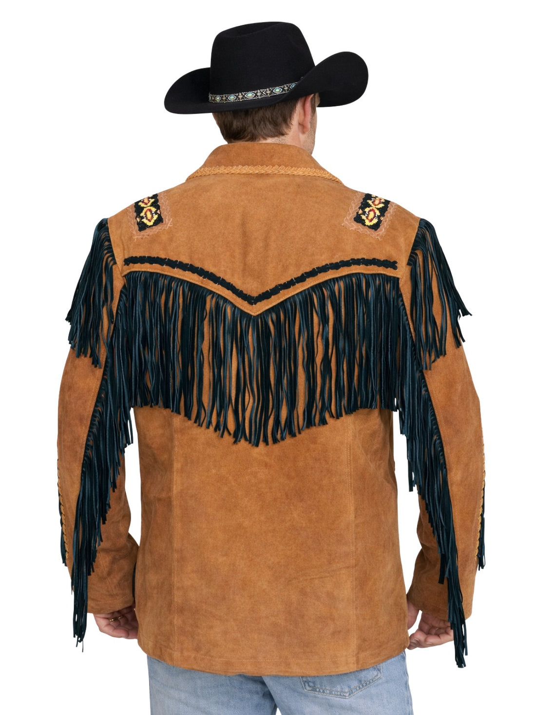 mens tan suede western fringe jacket bone detail