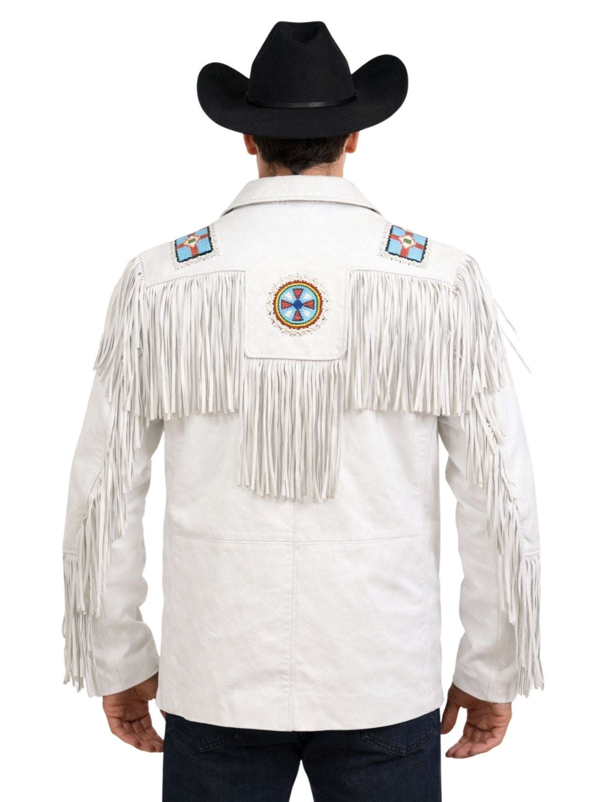 white suede cowboy fringe jacket beaded back