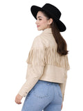 woman wearing beige fringe jacket and black hat side back view