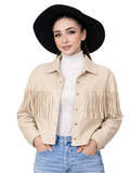 woman wearing beige fringe jacket black hat and white top front view