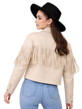 woman wearing beige fringe jacket with black hat back view