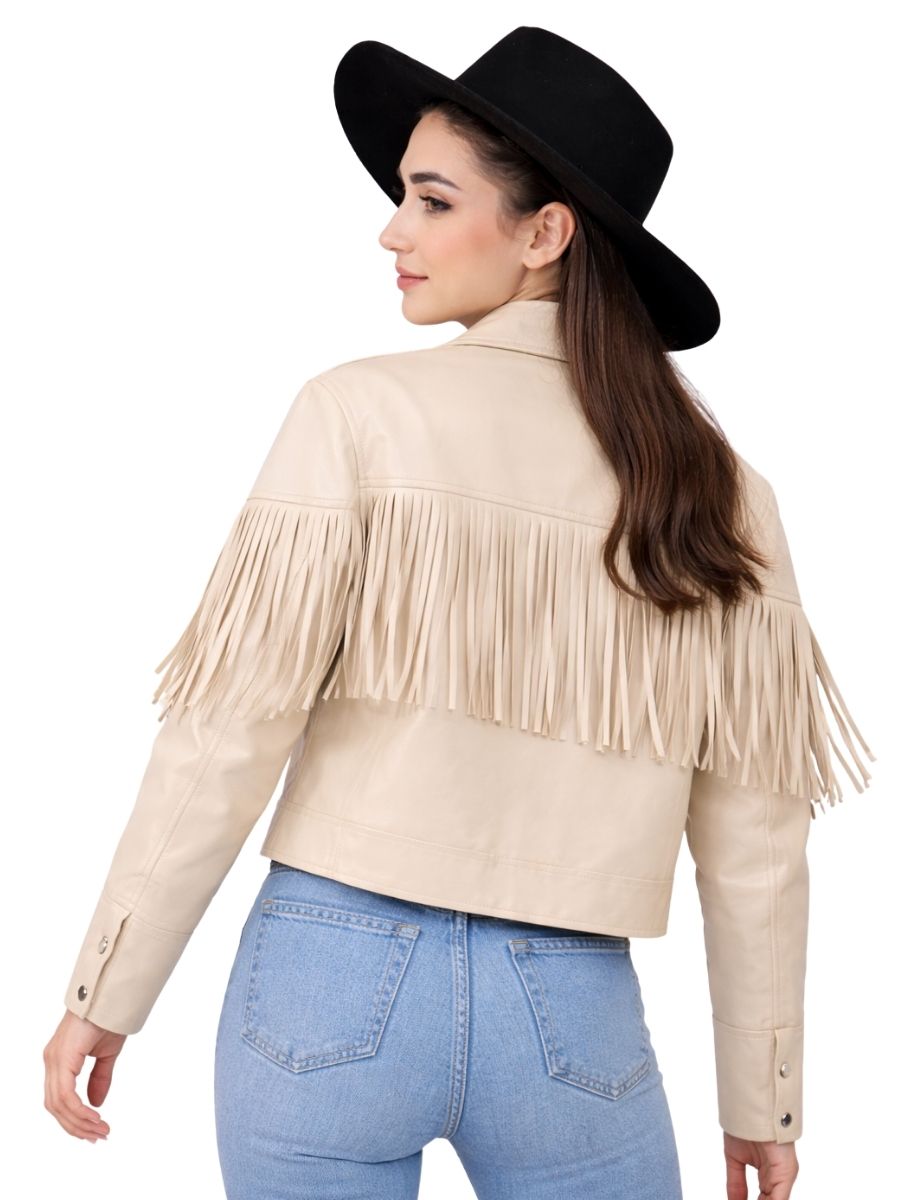 woman wearing beige fringe jacket with black hat back view