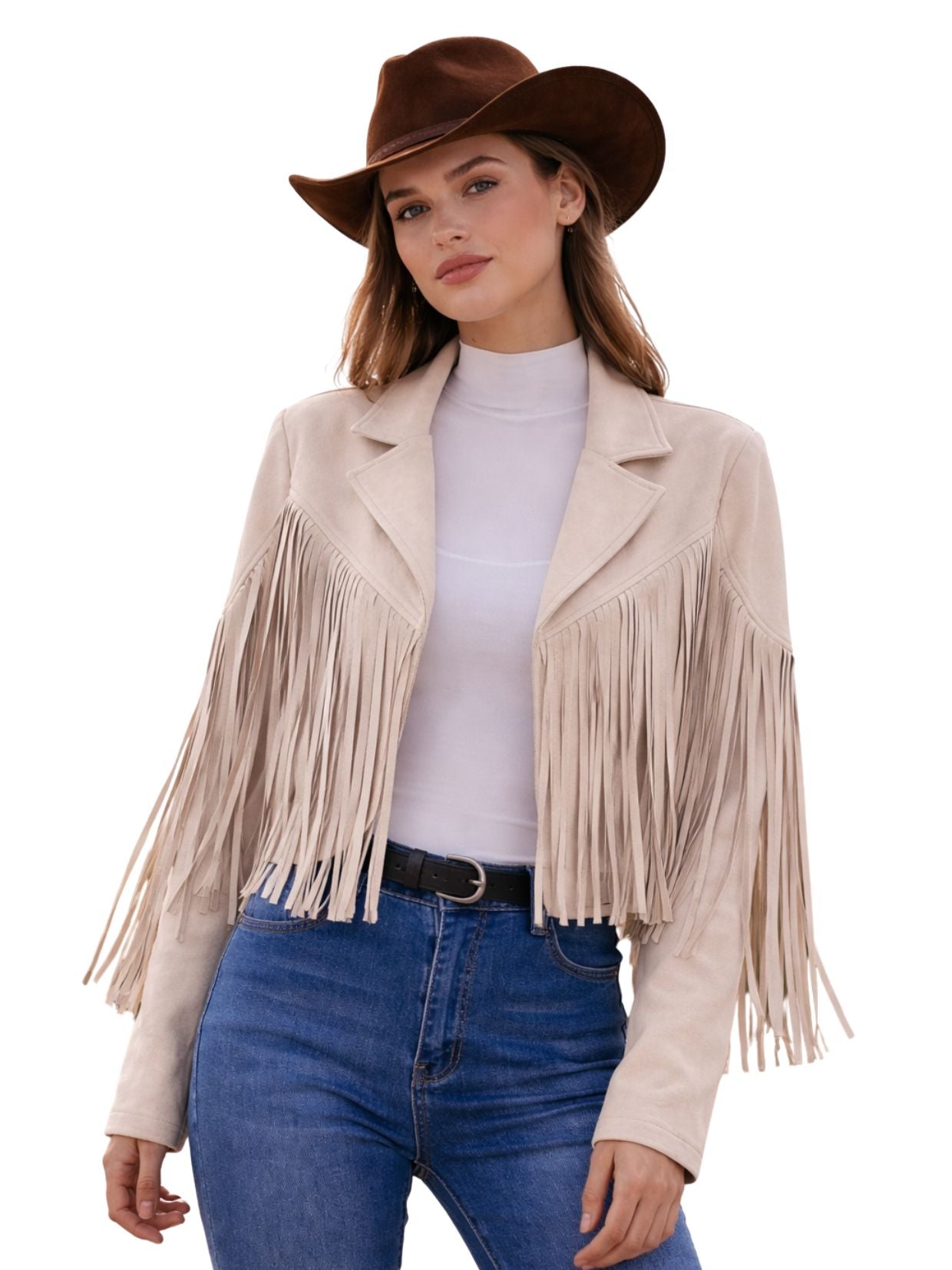 Woman wearing a beige fringe jacket, white turtleneck, blue jeans, and a brown hat on a white background