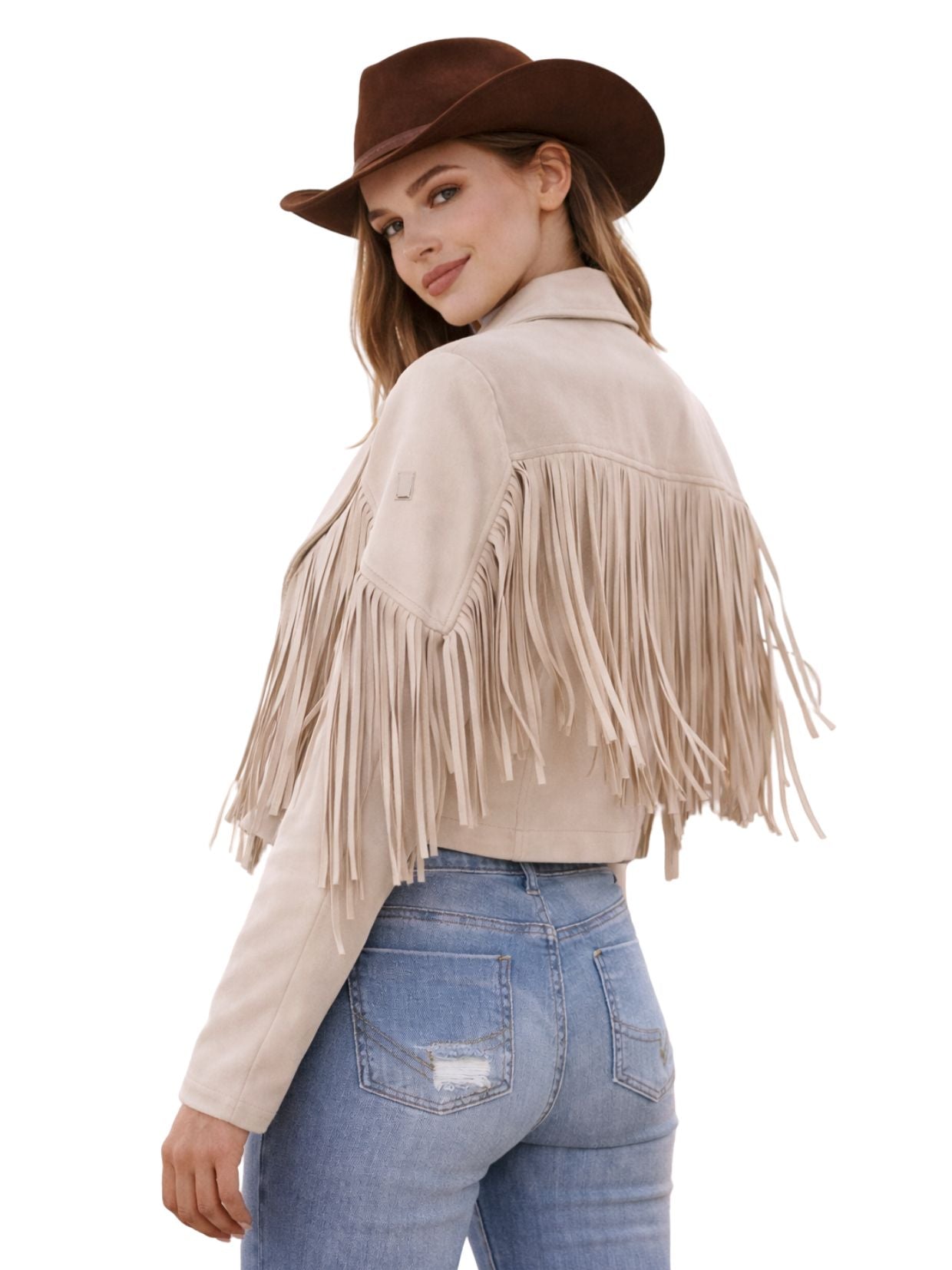 Woman wearing a beige fringed jacket and brown hat on a white background