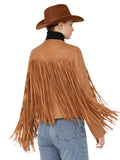 Person wearing a brown fringed jacket and cowboy hat on a white background